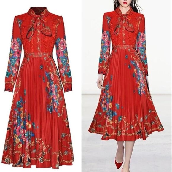 Luxury Elegant Midi Dress Red Red Floral & Chain Print SZ S M Tall Pleated Skirt - Picture 3 of 9